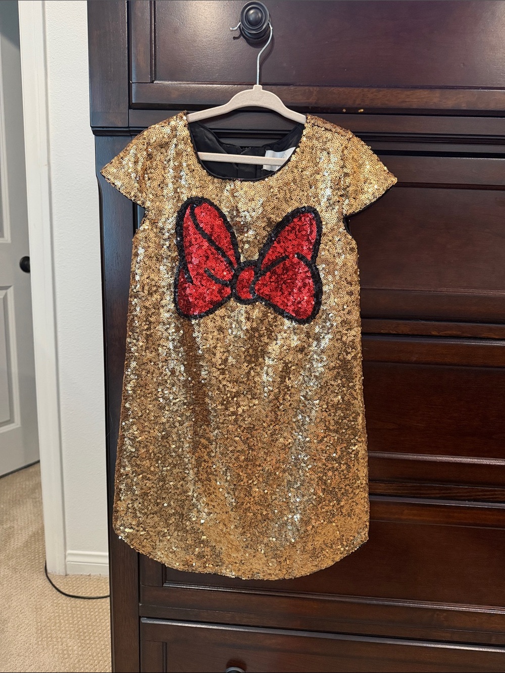 Disney Gold Sequin Dress with Red Bow Applique